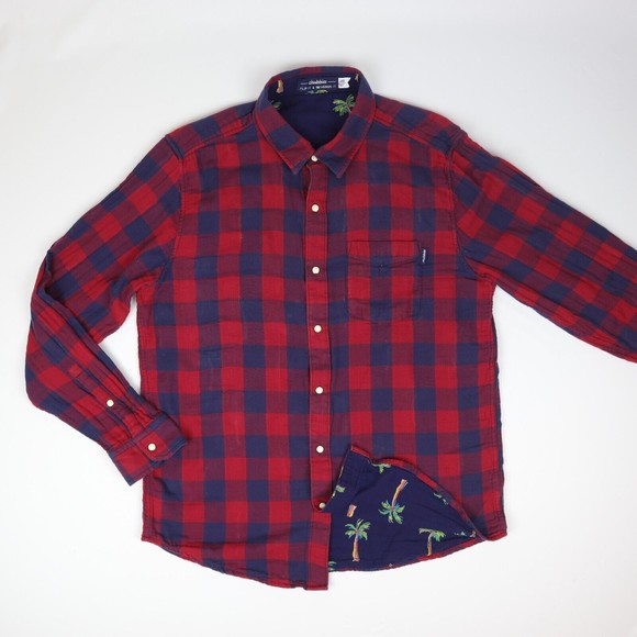 Chubbies Pearl Snap Shirt The Inside Out Flip Reverse It Navy Plaid Palms Mens L - Picture 2 of 9